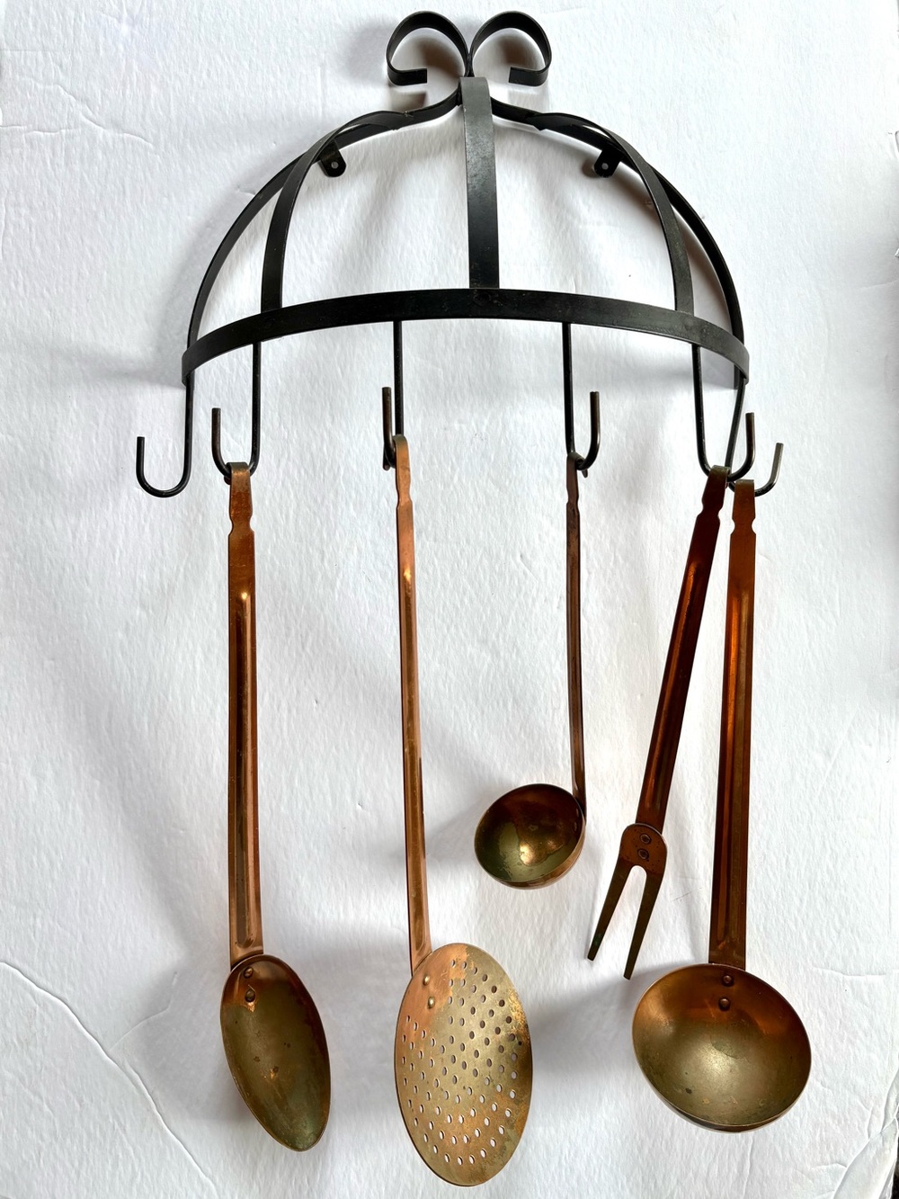 Vintage Copper Kitchen Utensil Set with Black Wall Rack